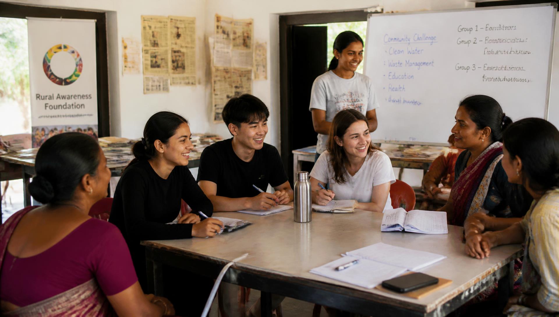 International students and Indian community workers planning a project together